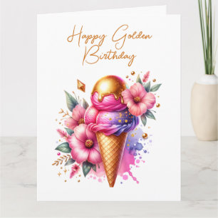 Cartão Grande cor-de-rosa e Ouro Dourado Aniversário