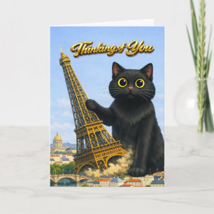 Cartão Grande Gato Preto Derruba a Torre Eiffel Pensando 