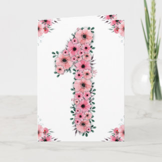 Cartão Grande primeiro aniversario Rosa Flores Verde Foli