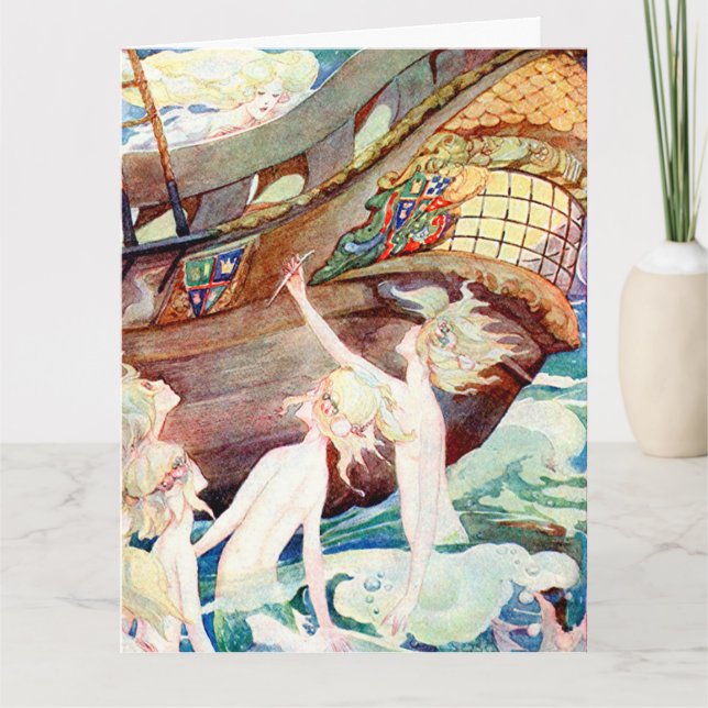 Cartão Grandes Sereias de Aniversário Irmãs e Navios (Frente)