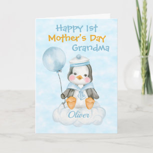 Cartão Grandma 1st Mother's Day Penguin Blue