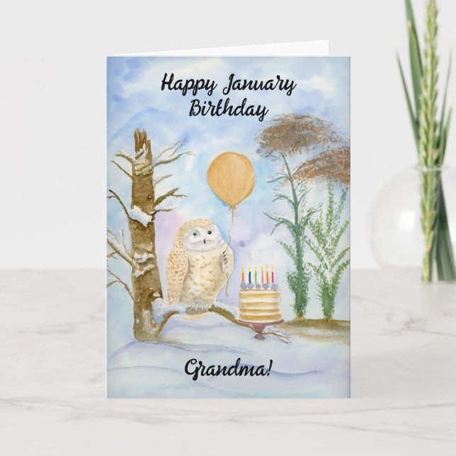 Cartão Grandma Happy January Birthday Owl Cake (Frente)