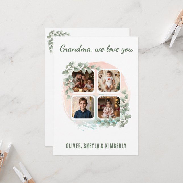 Cartão Grandma we love you 6 Photo Collage Eucalyptus (Frente/Verso In Situ)