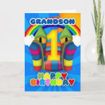 Cartão Grandson 1st Birthday Card With Bouncy Castle<br><div class="desc">A sunny happy 1st birthday card with bouncy castle</div>