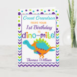 Cartão Grandson 1st Birthday Dinosaur Dino-Mite<br><div class="desc">A fabulous colorful polka dot and chevron birthday card for your Grandson,  Great Grandson or Great Nephew. Bright purple,  teal,  green and orange make this a eye catching and fun design. The perfect way to wish someone a happy birthday.</div>