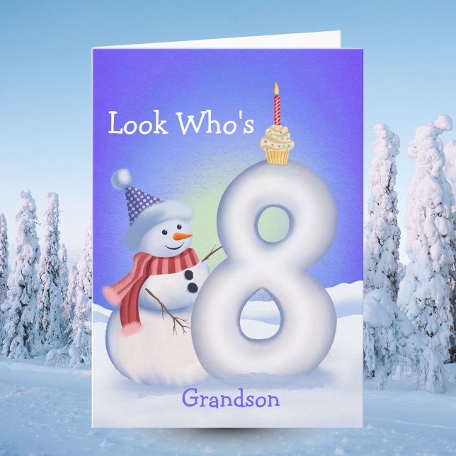 Cartão Grandson 8th Birthday Snowman Snowy Eight  (Criador carregado)