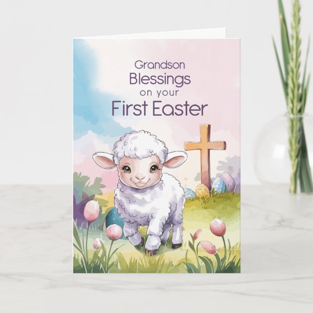 Cartão Grandson Baby’s First Easter Religious Lamb (Frente)
