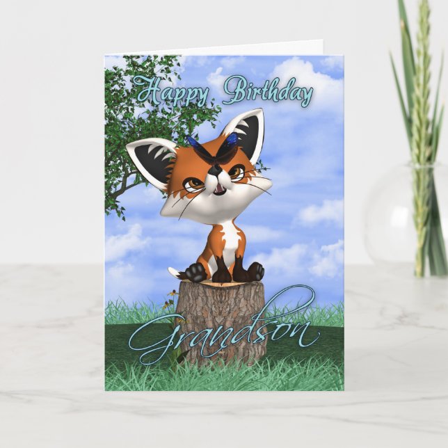 Cartão Grandson Birthday Card With Cute Fox And Butterfly (Frente)