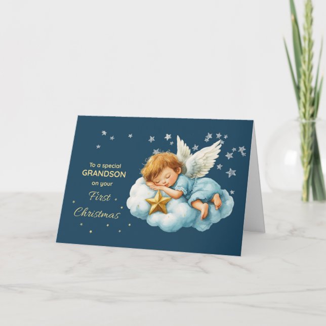 Cartão Grandson First Christmas Sleeping Angel on Cloud (Frente)