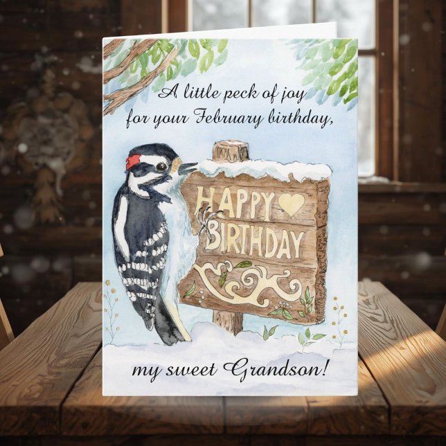 Cartão Grandson Happy February Birthday Woodpecker (Criador carregado)