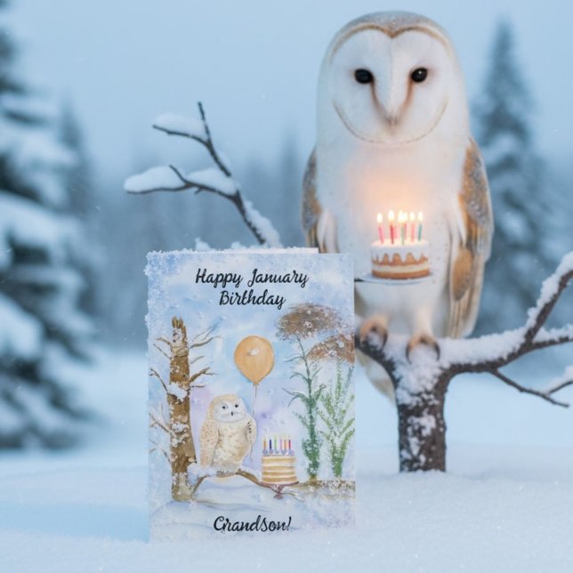Cartão Grandson Happy January Birthday Owl Cake (Criador carregado)