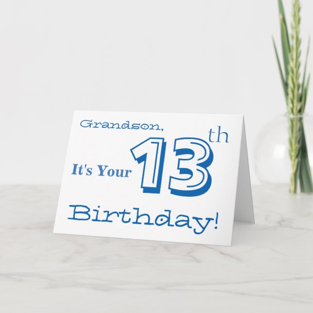 Cartão Grandson's 13th birthday greeting in blue & white. (Frente)
