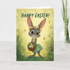 Cartão Gray Bunny Wearing Flower-Crown w/ Easter Basket