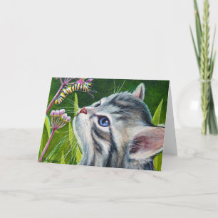 Cartão Gray Tabby Kitten & Caterpillar Watercolor Art