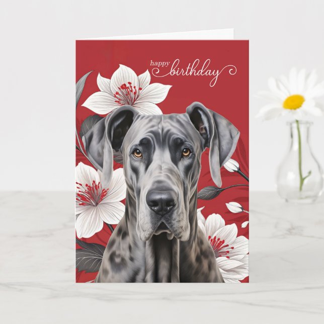 Cartão Great Dane Dog Birthday White Lilies on Red (Planta pequena)