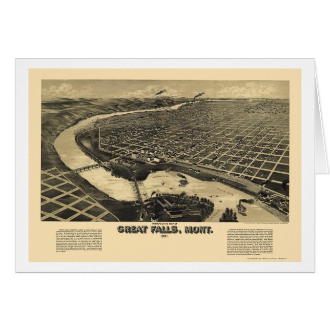 Cartão Great Falls, mapa panorâmico da TA - 1891 (Frente Horizontal)