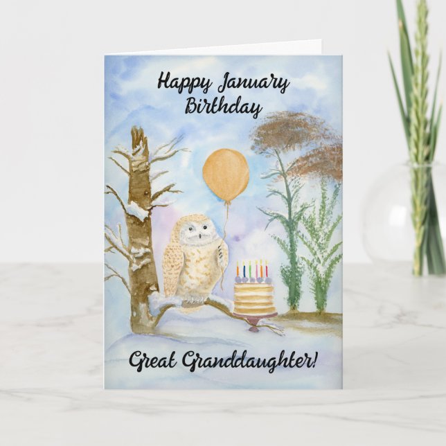Cartão Great Granddaughte Happy January Birthday Owl Cake (Frente)