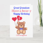 Cartão Great Grandson 1st Bear-y Birthday<br><div class="desc">Great Grandson Have a bear-y Happy Birthday card featuring a teddy bear holding 2 red heart balloons with the birthday boy's age . A fun play on words. A great card to send to your great grandchild to celebrate his birthday . All text can be amended to customized the card...</div>