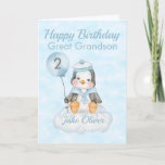 Cartão Great Grandson Blue Penguin 2nd Birthday Card<br><div class="desc">A cute Great Grandson 2nd birthday baby penguin birthday card. The card features a baby boy penguin sitting on a cloud holding a balloon. A sweet design for your great grandson or grandson who will be 2 years old. Add the child, s name to the front of the card to...</div>