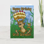 Cartão Great Grandson Happy Birthday with monkey holding<br><div class="desc">Great Grandson Happy Birthday with monkey holding cake</div>