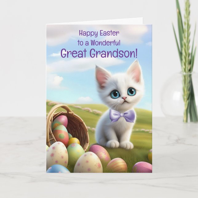 Cartão Great Grandson Happy Easter with Cute White Kitten (Frente)
