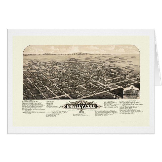 Cartão Greeley, mapa panorâmico do CO - 1882 (Frente Horizontal)