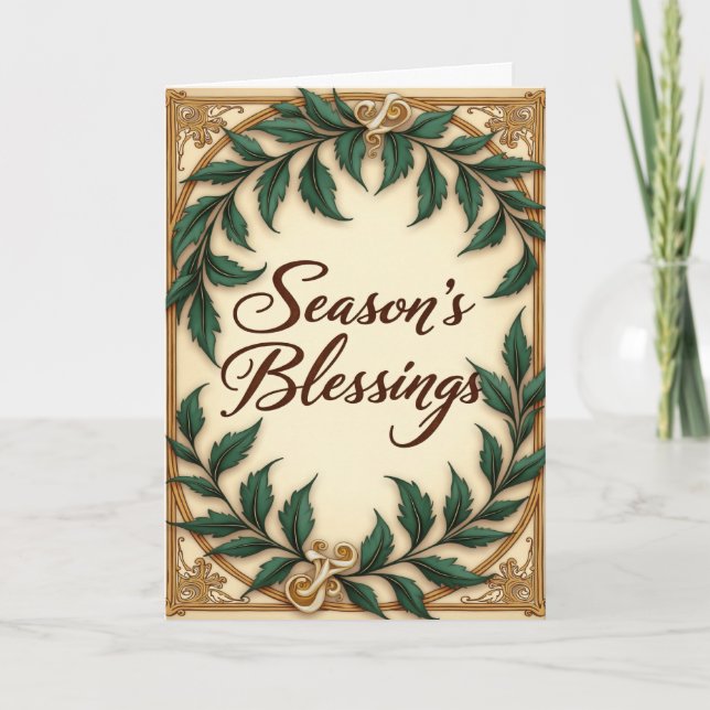 Cartão Green Botanical Seasons Blessings Christmas  (Frente)