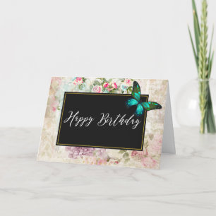 Cartão Green Butterfly on Chic Vintage Collage Birthday