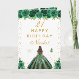 Cartão Green Floral Brunette Hair Girl Birthday