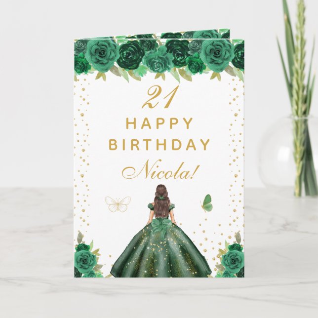 Cartão Green Floral Brunette Hair Girl Birthday (Frente)
