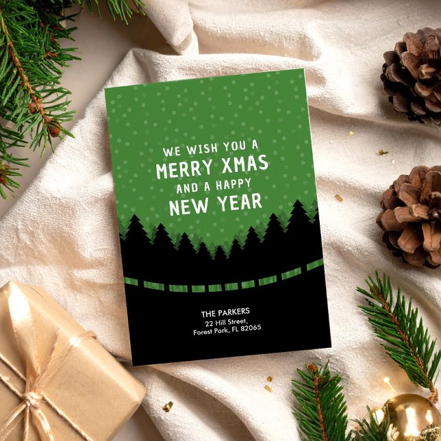 Cartão Green Merry Xmas com florestas e neve retrógradas (Criador carregado)