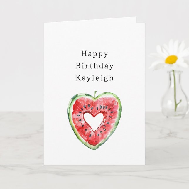 Cartão Green Red Heart Watermelon Birthday (Planta pequena)