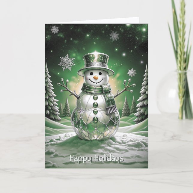 Cartão Green Snowman Snowflakes Holiday Card (Frente)
