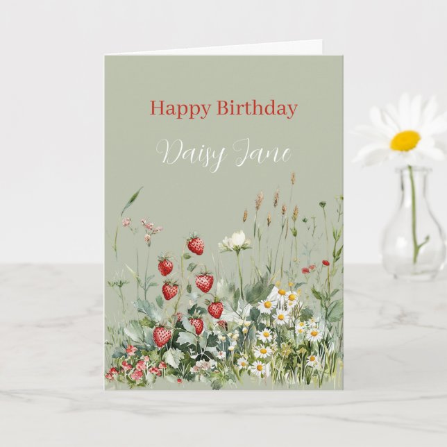 Cartão Green Strawberries Daisy Flowers Birthday (Planta pequena)