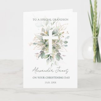 Cartão Greenery Foliage Cross Christening 
