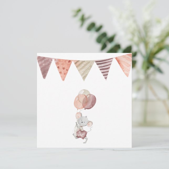 Cartão Greeting Card - Little Mouse With Balloons (Em pé/Frente)