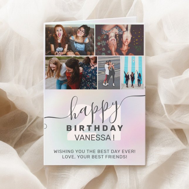 Cartão Grelha de fotos holográficas de aniversário do Pas (Pastel rainbow holographic birthday photos grid card)