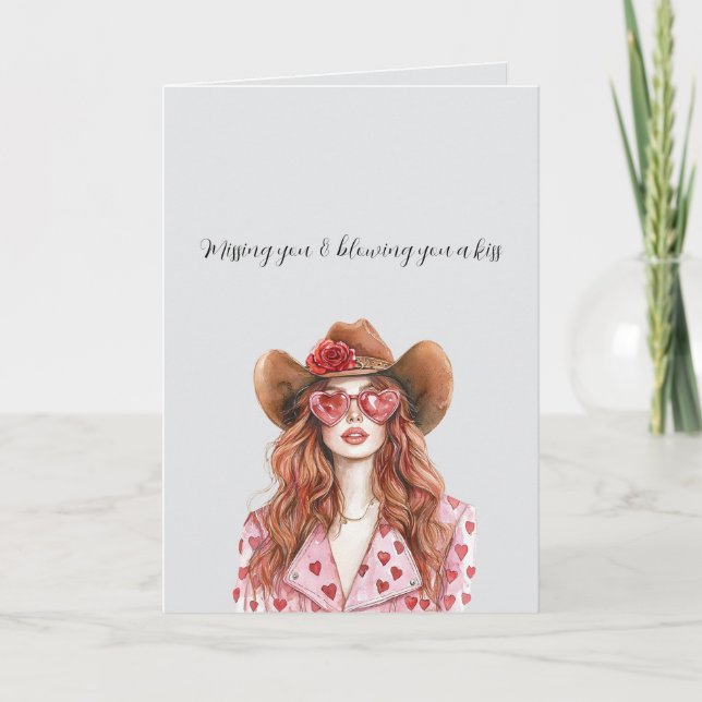 Cartão Grey Red Head Lady Cowgirl Blowing You A Kiss (Frente)