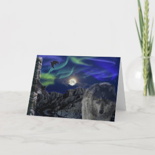 Cartão Grey Wolf, Ravens & Aurora Greeting-card