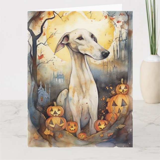 Cartão Greyhound de Halloween com Abóboras Assustadoras (Frente)