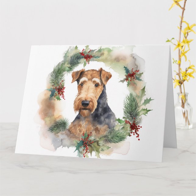 Cartão Grinalda de Natal Airedale Cão Festivo (Flor Amarela)