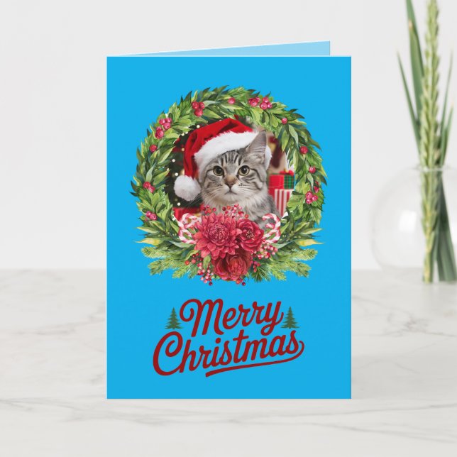 Cartão Grinalda de Natal de Gato Fofo (Frente)