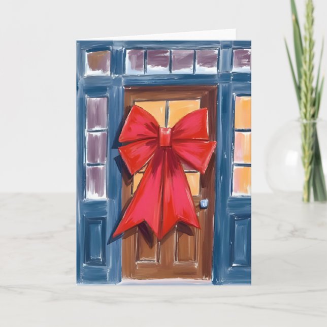 Cartão Grinalda de porta de Natal com laço vermelho aquar (Frente)