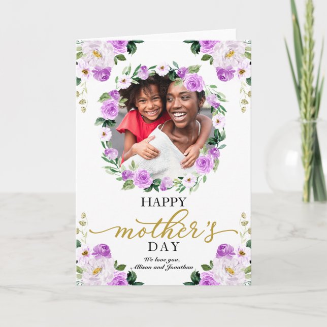 Cartão Grinalda Floral Roxa Feliz Dia das Mães (Frente)