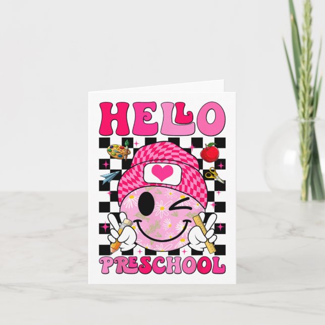Cartão Groovy Olá Pré-escola Pré-k Alunos Primeiro Dia De (Frente)