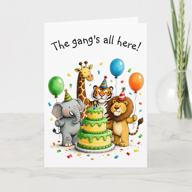 Cartão Group Birthday Whimsical Animals in Party Hats (Frente)