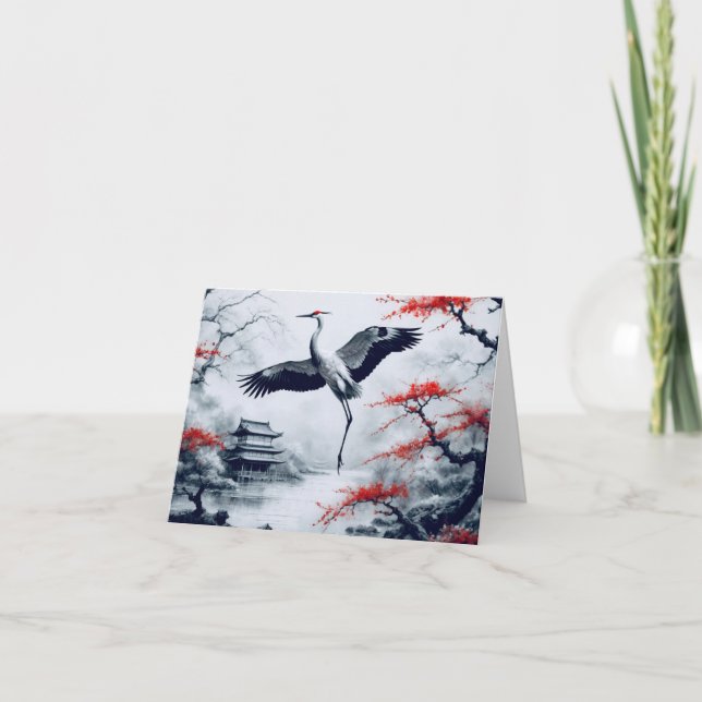 Cartão Grua Japonesa Elegante No Jardim Japonês (Frente)