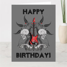 Cartão Grunge Guitar e Skull Feliz Aniversário Mensagem