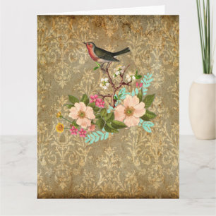 Cartão grunge vintage damask floral bird victorian brown
