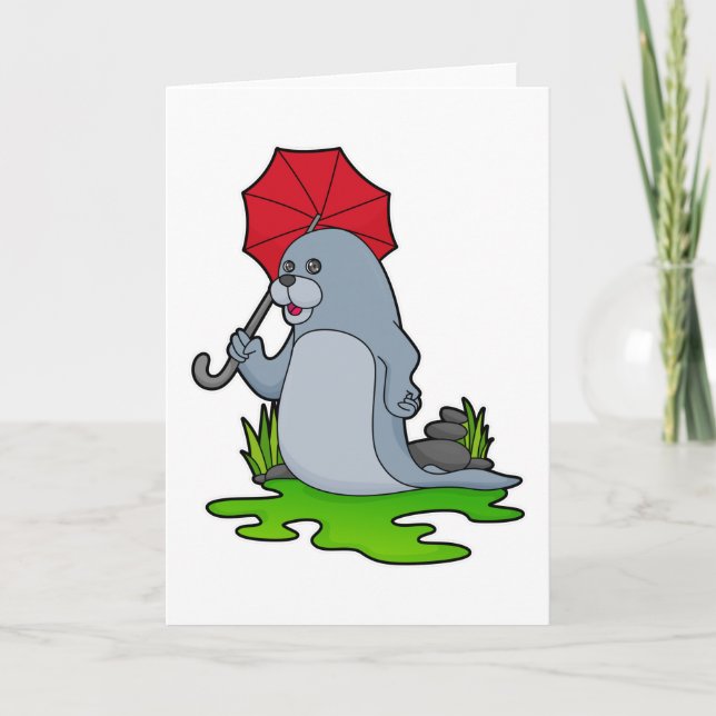 Cartão Guarda-chuva Chuvoso de Focas (Frente)